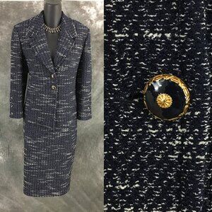 BEAUTIFUL St John collection knit blue multi jacket skirt suit size 8 10